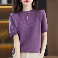 2024 Spring Summer New Hollow Out Women Sweaters Pullover Short Sleeves Casual O-Neck Loose Jumper   Bottoming Shirt  Knitwear