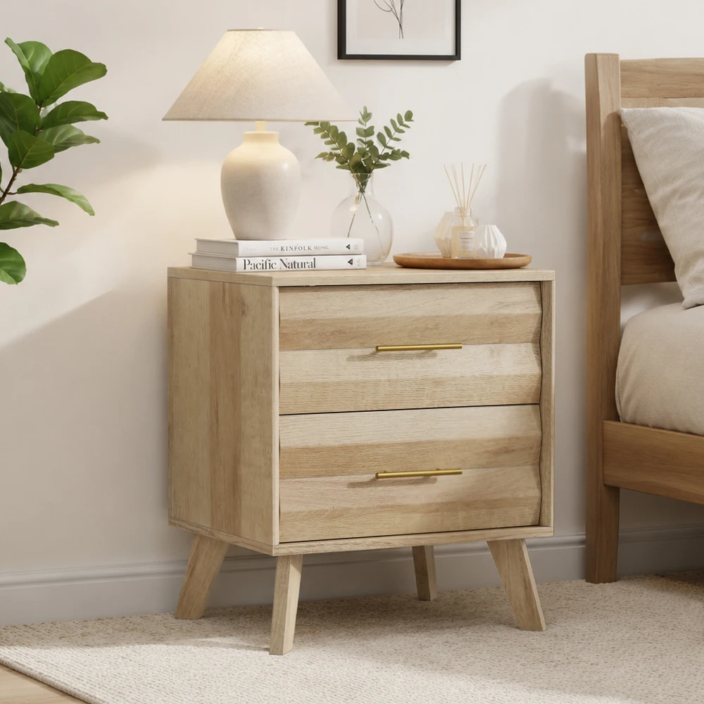 Modern Minimal Wood Finish Bedside Cabinet, Understated Luxury End Table with Metal Pull Handles, Stable Pine Leg & Anti-Tip Device, Multi-scene Side Table for Home Decor