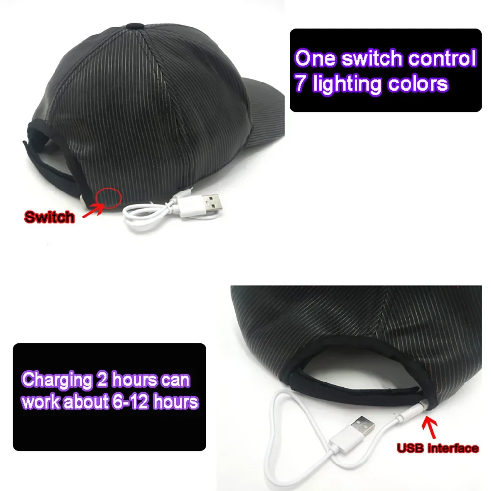 Oohmy Glasfaserkappe, LED-Hut mit 7 Farben, leuchtend leuchtende EDC-Baseballmützen, USB-Aufladung, leuchtende Kappen, Performance-LED-Kappe – Detail 5