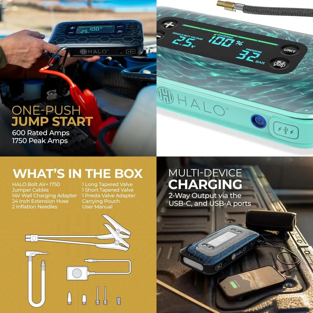 

Портативный автомобильный аккумулятор Bolt Air+ 1750, стартер | Воздушный компрессор мощностью 130 фунтов на квадратный дюйм, внешний аккумулятор USB емкостью 59,9 Втч, большой дисплей, аварийный наводчик