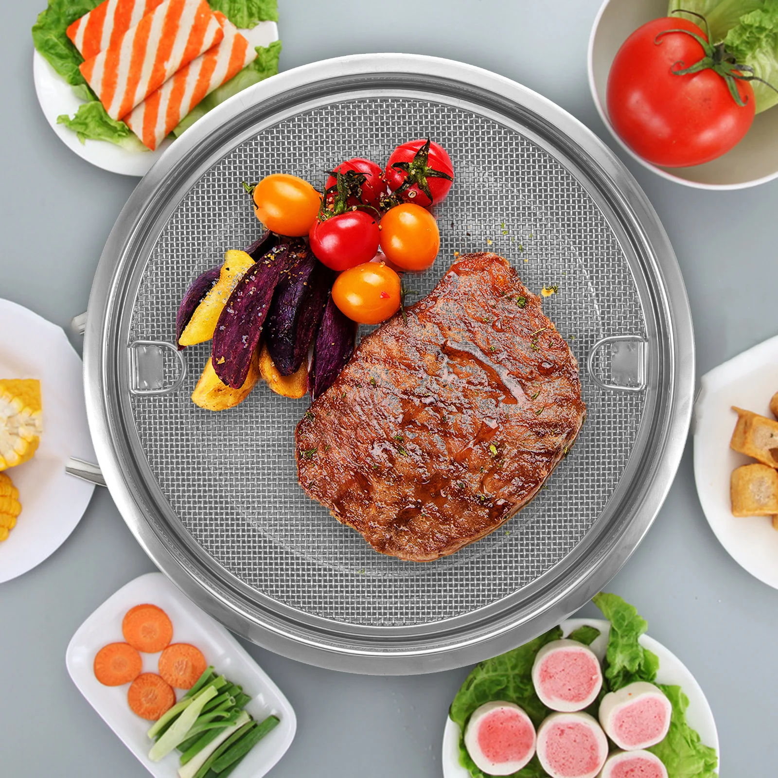 

Stainless Steel Oil Drain Plate Round Snack Storage Tray For Fruits Candies Desserts Chocolates Biscuits Air Fryer Oven