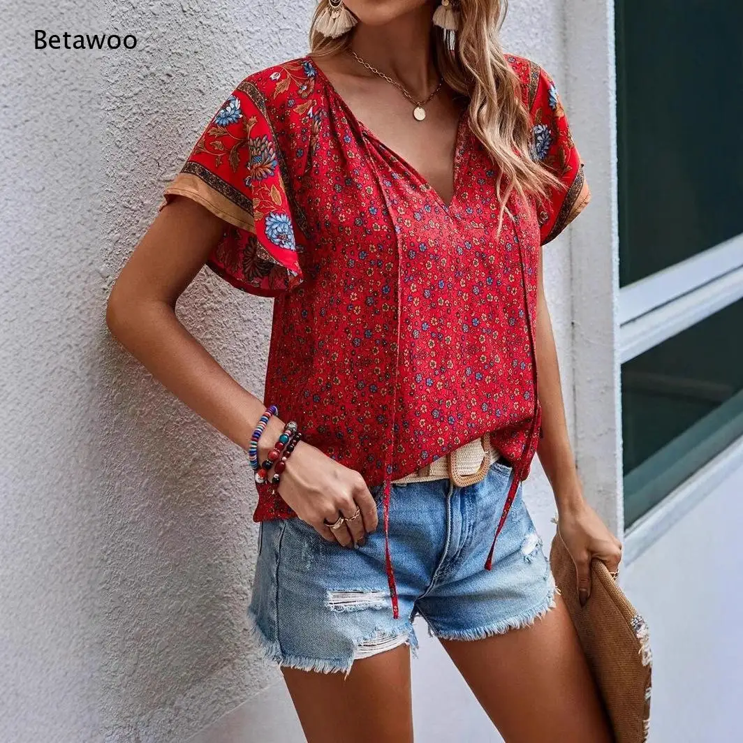 Boho Floral Printed V Neck Drawstring Short Sleeve Casual Summer Shirt with Multiple Print Patterns for Vacation Daily Wear