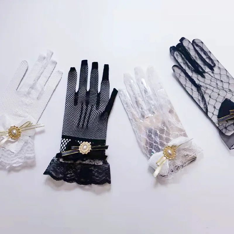 Кружевные женские перчатки с розовыми рукавами в стиле Харадзюку, черные кружевные перчатки в стиле Лолиты для девочек, кружевные сетчатые прозрачные тонкие перчатки, дышащие перчатки