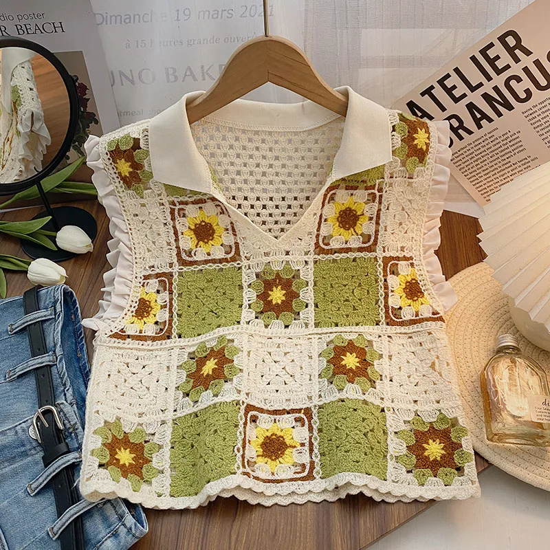 Granny Square Top Ruffled Trim Sleeveless Collared Open-knit Crochet Camis Tanks Blouse Women Teengirl Summer Fairycore Outfit