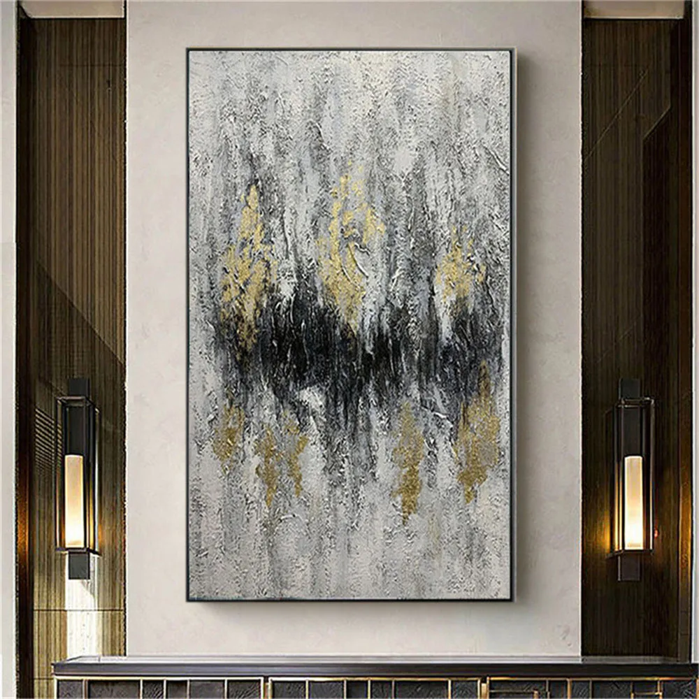 

Grey Texture Panel Poster Handmade Abstract Oil Painting Gold Wall Art Pictures Modern Canvas Mural Decor Living Room Home Gift