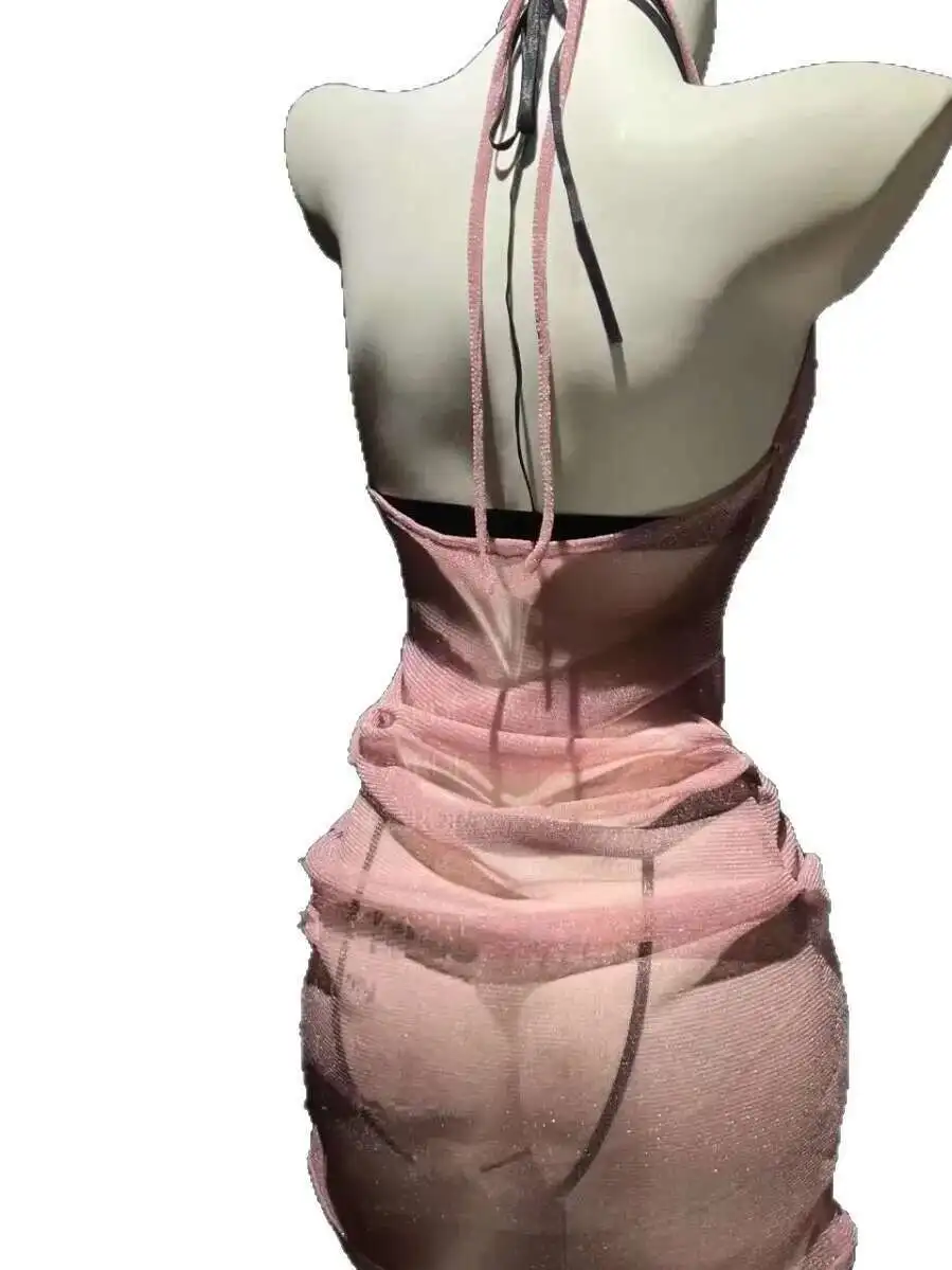 걸이 넥 백리스 딥 V 멜빵 민소매 드레스 투명 섹시한 메쉬 드레스 매력적인 우아한 순수한 욕망 아름다운 SOUE