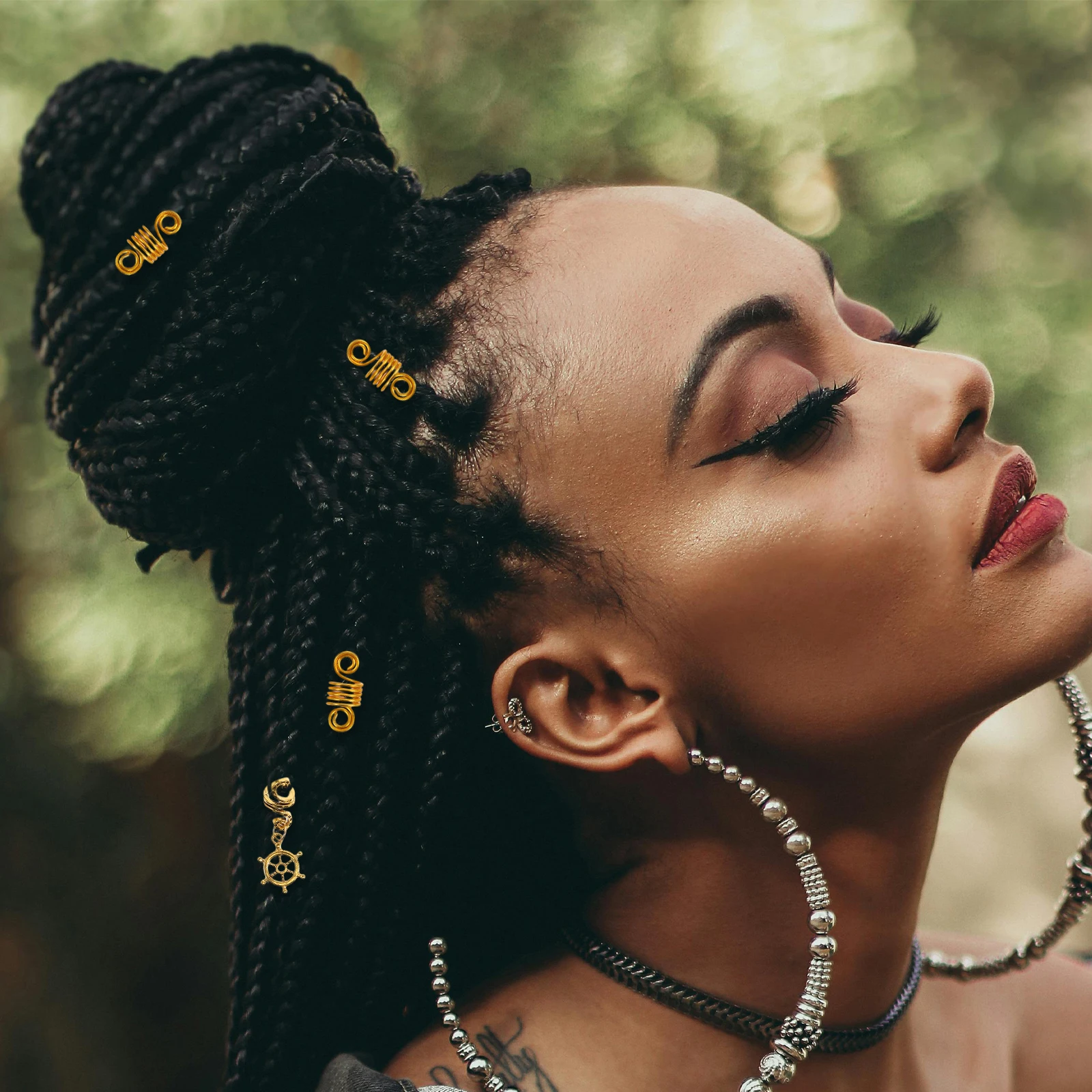 

50pcs Cat Eye Stone Hair Accessories Spiral Leaf Clips Durable Metal Braid Rings Snake Pins Cuff Charms Women Jewelry Hair Locs