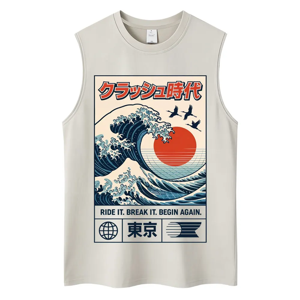 Camisetas sin mangas estilo japonés Hokkaido Wave Tokyo para hombre y mujer, camiseta sin mangas vintage de moda Harajuku, chalecos holgados de algodón Y2k