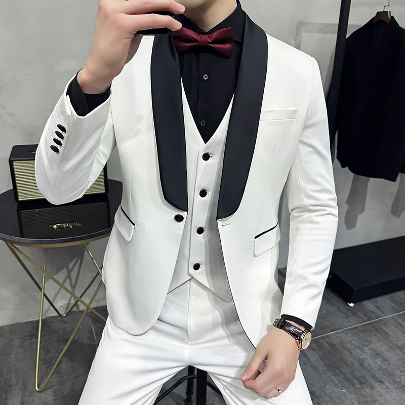 

Top Quality Wedding Dress Suit Set Men Korean Slim Suit 3 Piece Set Casual Business Office Party Prom Suits Blazer Vest Trousers