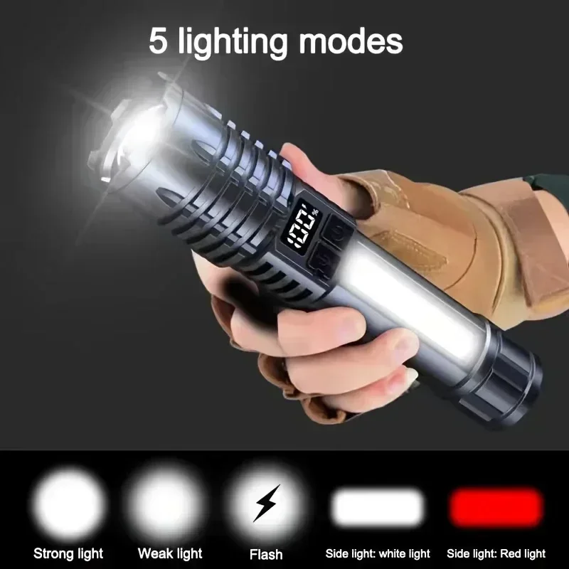 Rechargeable LED Hands-Free Flashlight, Portable Flashlight with Telescopic Zoom and Power Indicator Light, Five Lighting Modes