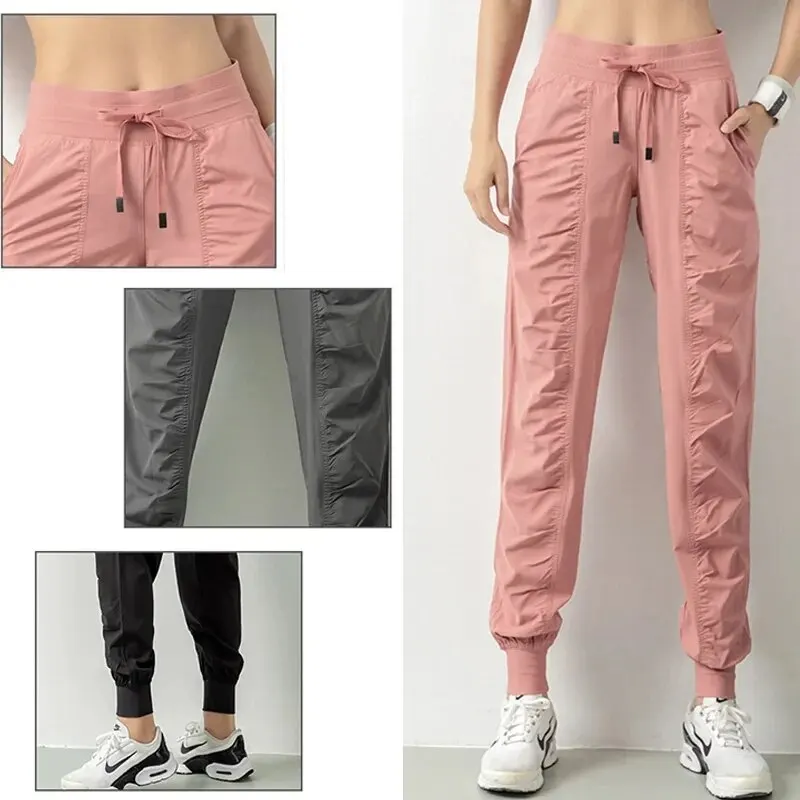 Pantaloni sportivi da corsa con coulisse in tessuto da donna Quick Dry Athletic Gym Fitness pantaloni sportivi con due tasche laterali pantaloni da ginnastica