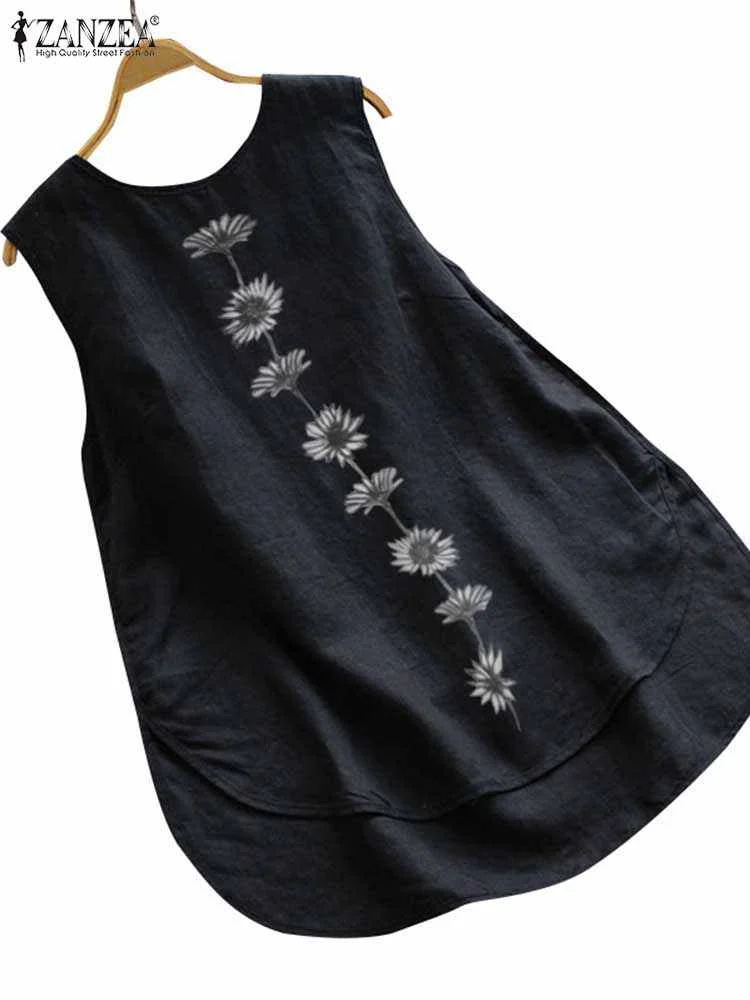Elenzga Women's Summer Vacation Floral Print Asymmetrical Hem Sleeveless Blouse | ChicGrl main image 1