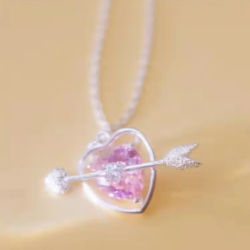 Korean Fashion Cupid Eros Arrow Heart Pendant Necklace for Women Pink Crystal Necklace Girl Jewelry Gift Collare Para Mujer