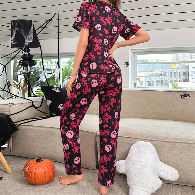 hirigin Women Halloween Pajama Sets Short Sleeve Skull Floral Print T-shirts Tops and Long Pants Set Sleep Loungewear 2024 Suits