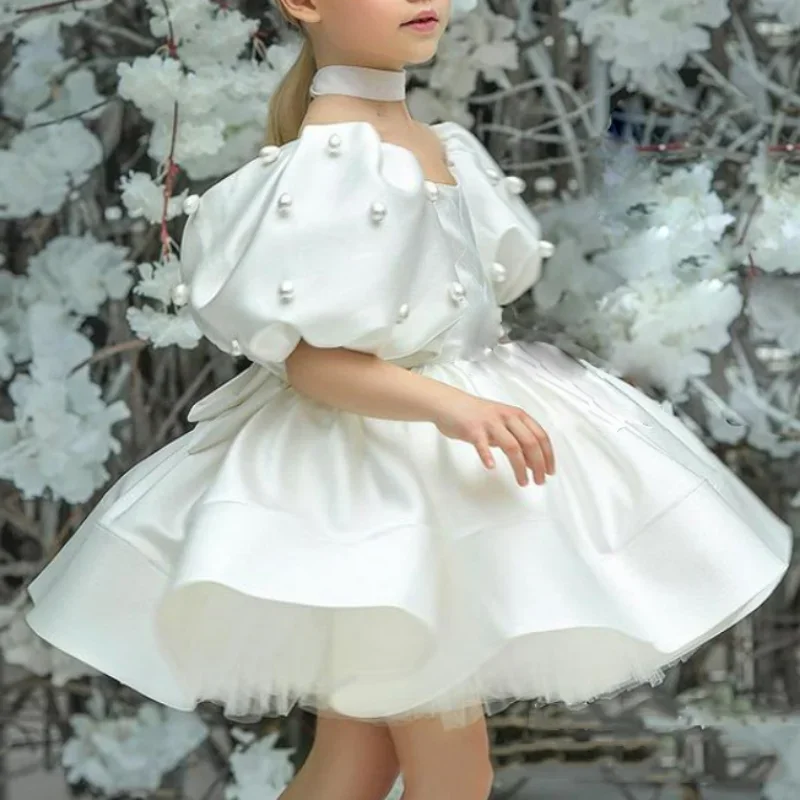 Customized Baby Girls Birthday Dress Kids Elegant Retro Princess Dresses Fashion Puff Sleeve Pearls Prom Dress For Girl Party Cl