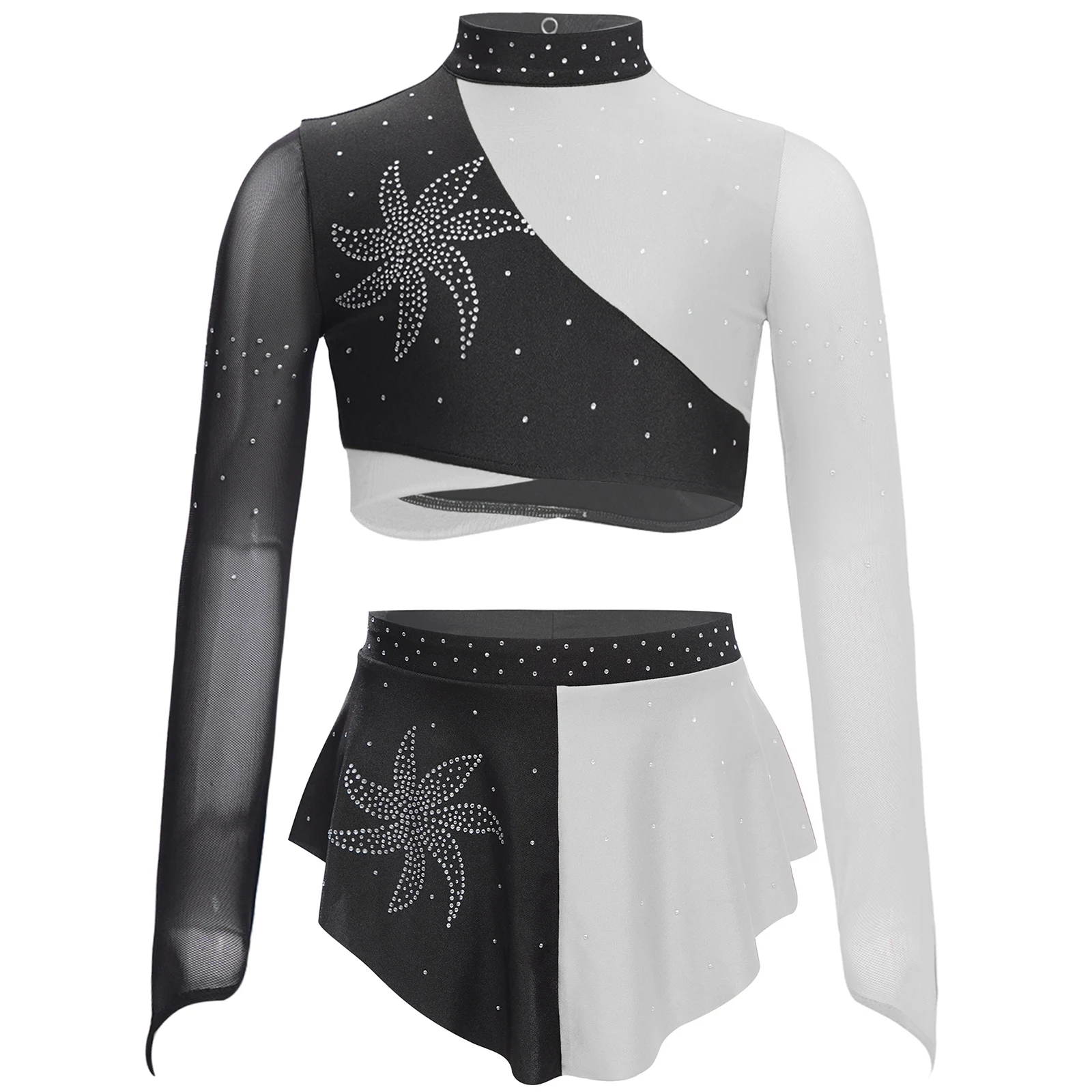 Kinder Mädchen Eiskunstlauf Ballett Lyrical Dance Kostüm Gymnastik Sets Sheer Mesh Lange Ärmel Strass Crop Top mit Röcken