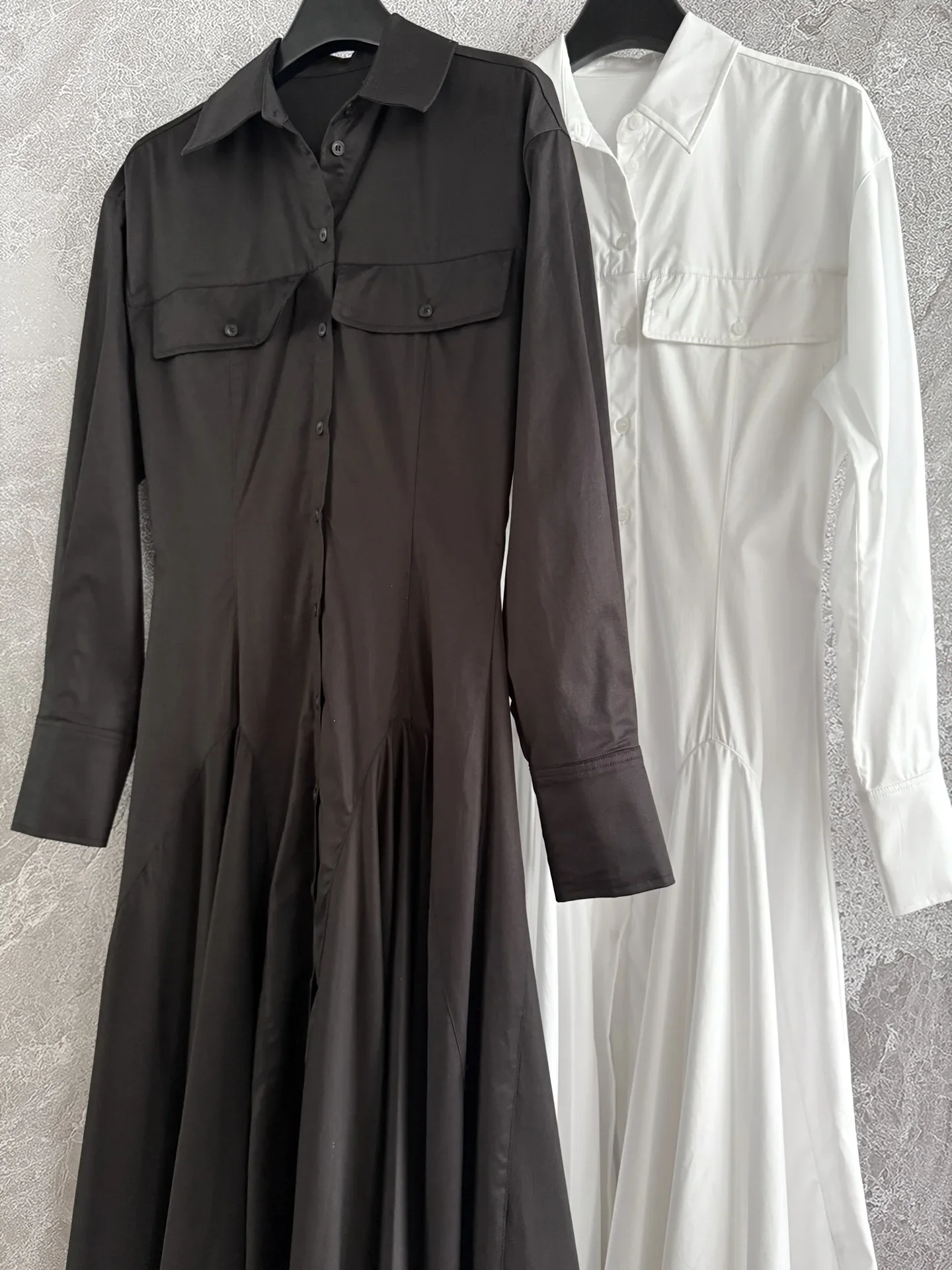 Frauen Schwarz oder Weiß Hemd Kleid Umlegekragen Langarm Einreiher Casual Weibliche 100% Baumwolle Robe