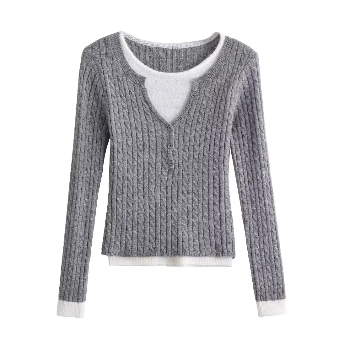 Maglione lavorato a maglia Sweet Sle da donna ort Sve Long Sve Twist Color Blo Fce ort Crop Top Slim Fit Strato base Lungo...