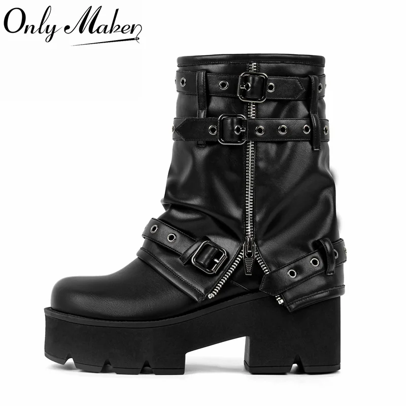 

Onlymaker Women Round Toe Platform Black Matte Buckle Strap Fold Over Ankle Boots