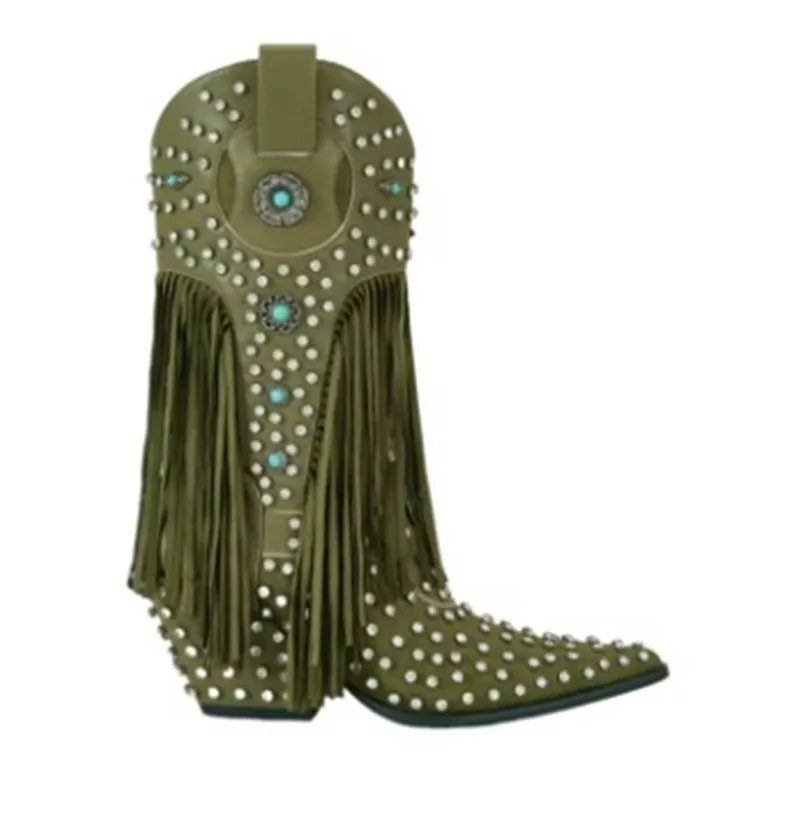 Fringe Western Cowboy Boots Rhinestone Turquoise Decor Botines Pointed Toe Shoes Chunky Heel Mid Calf Riding Botas Femininas
