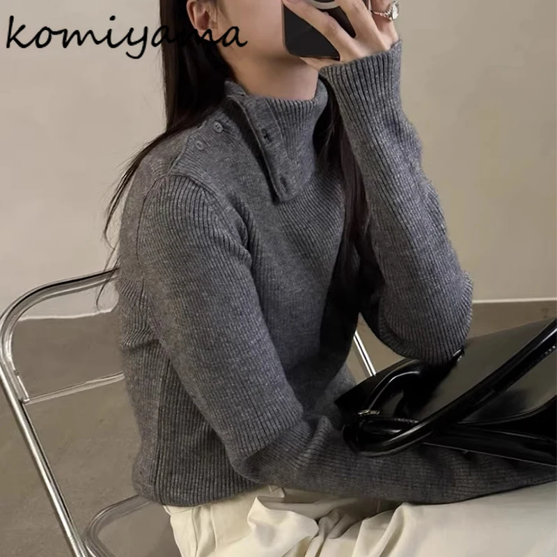 Turtleneck Side Button Design 2024 Woman Sweater Knit Outerwears Long Sleeve Ropa Mujer Autumn Winter Pullovers New Sueter