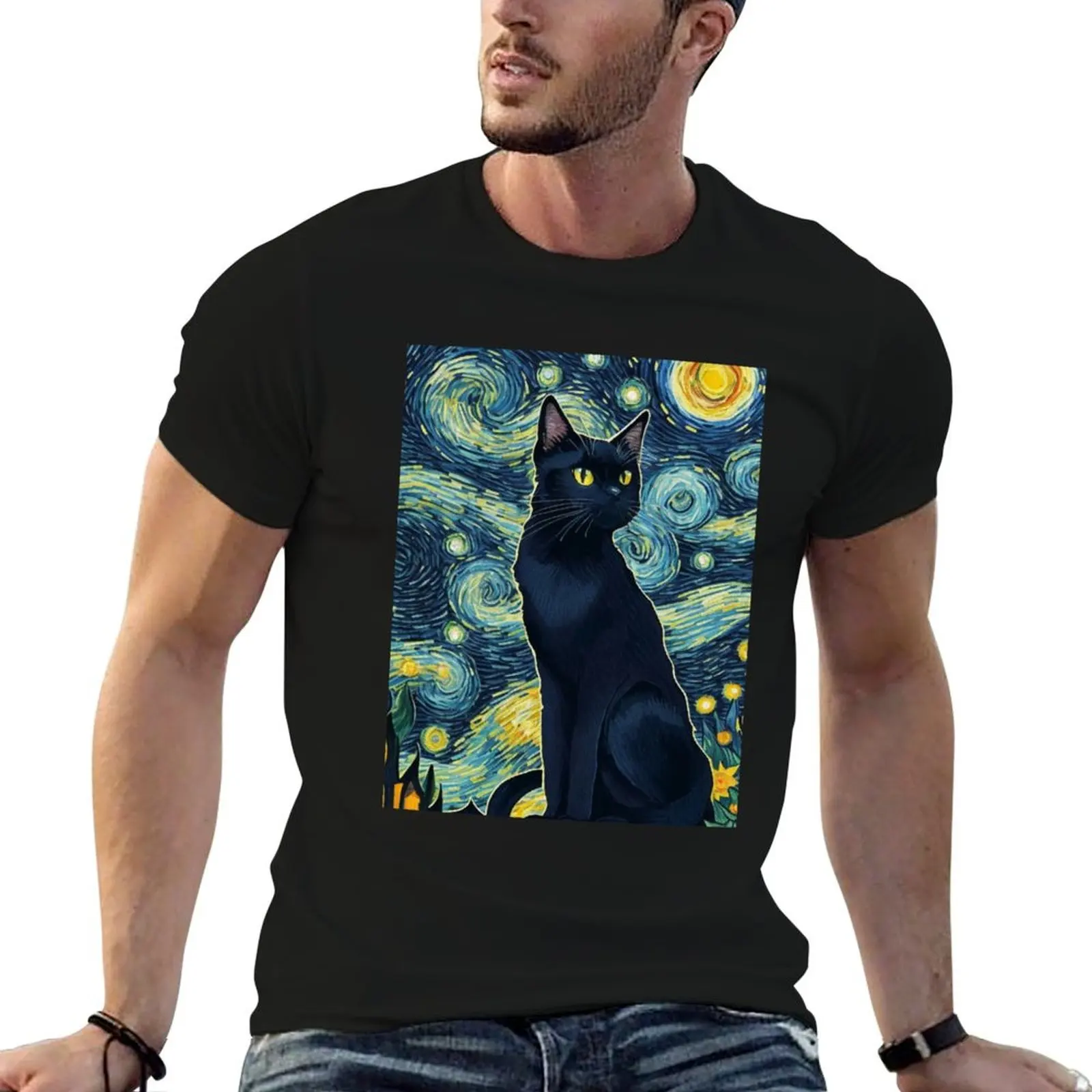 Van gogh Style Cat T-Shirt All Match Print Short Sleeve Top