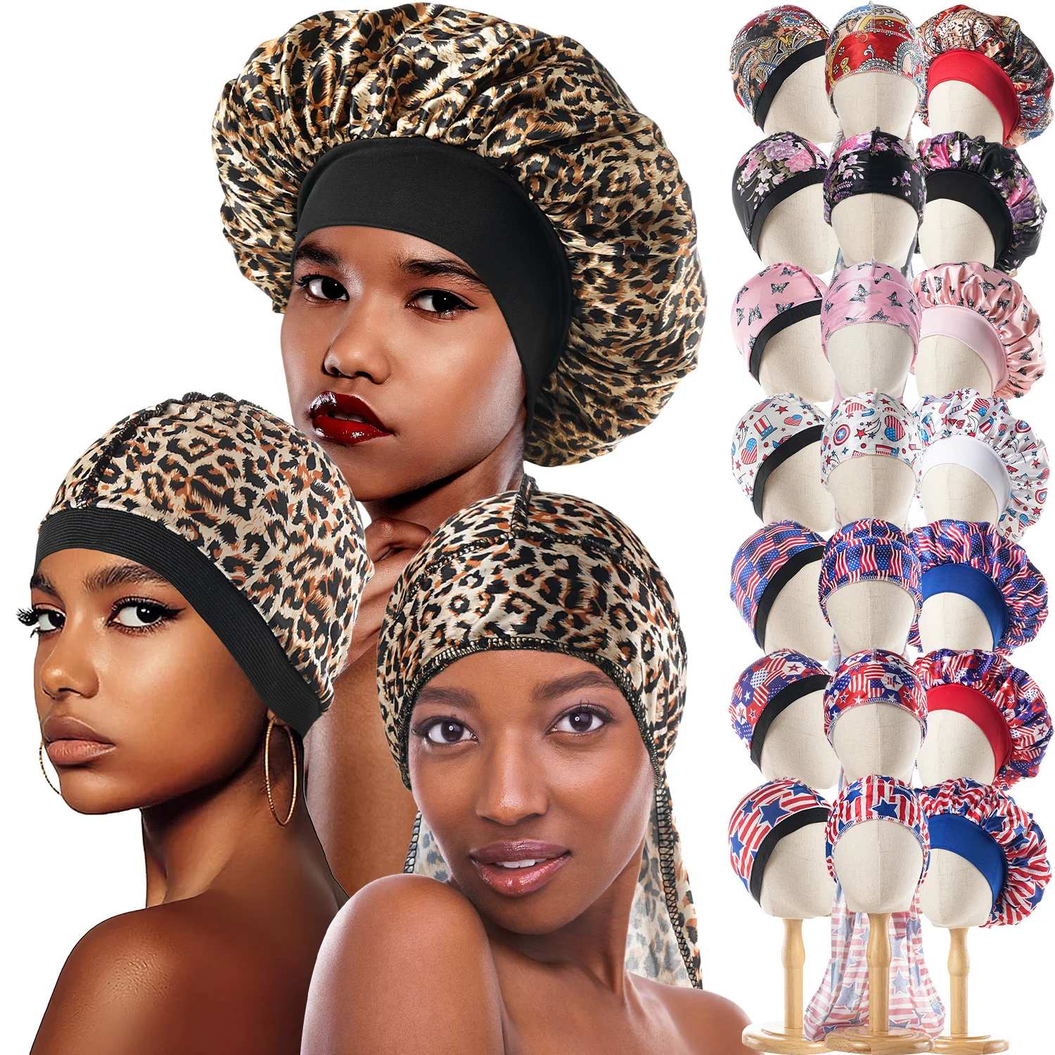 3PCS/Set Men Women Silky Durag Long Tail Pirate Hat Turban Dome Wave Cap Satin Bonnet Caps Unisex Bandanas Hijab Headwear