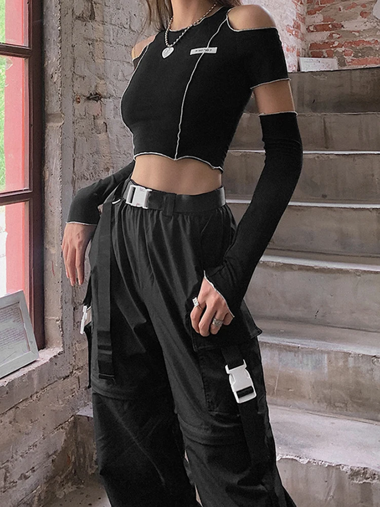 Patchwork Black T-shirts Gothic One Shoulder Sleeve Y2k Crop Tops Ruffles Hem Hip Hop Techwear Women Tees