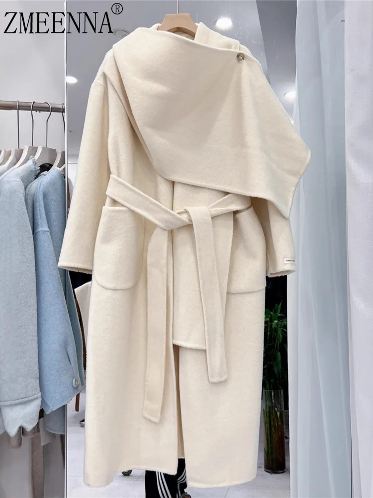 

ZMEENNA Womens Long Wool Blend Coat With Detachable Shawl And Tie Belt Warm Winter Outerwear Oversized Elegant ZM4388