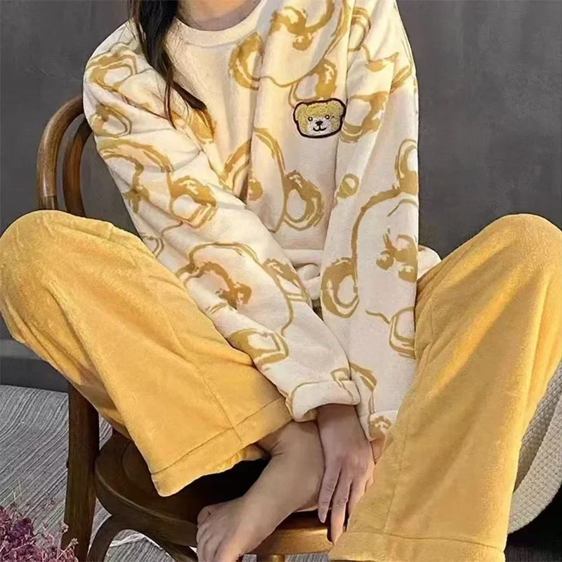 Women Flannel Pajama Sets Tops+Pants 2 Pieces Outfits Cartoon Print Home Clothes Winter Warm Sleepwear Coral Fleece Nightwear