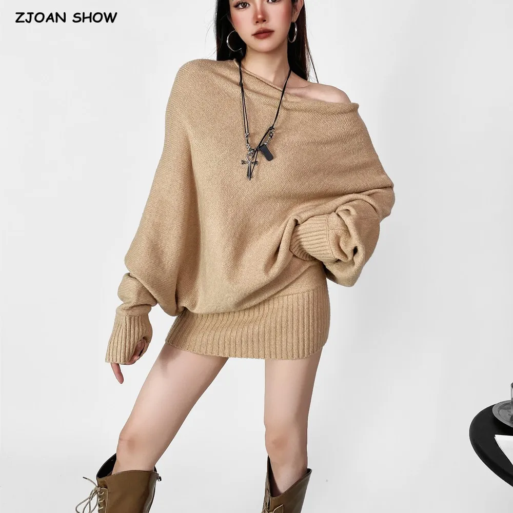 Sexy Women Knitted Diagonal One Shoulder Full Bat Sleeve Sweater Rib Hem Package Hips Midi Long Oversize Pullover Thick Knitwear