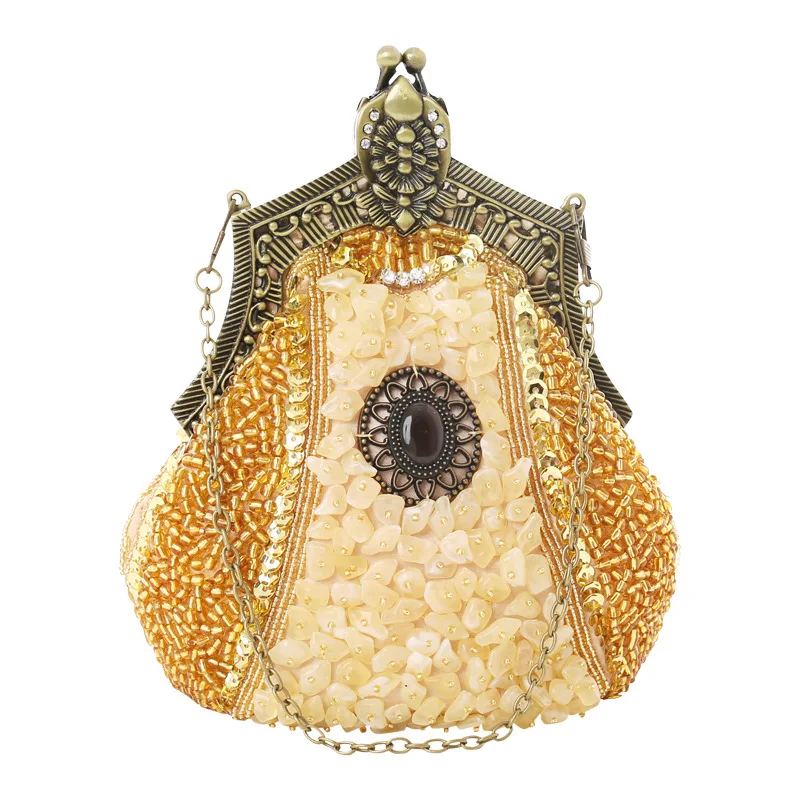 Retro Fashion Pearl Sequin Beaded Clutches Handbag for Women Vintage Antique Gold Color Chain Shoulder Bag Party Evening Bags