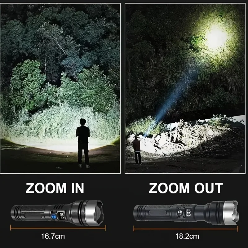 1/2PCS High-Power Flashlight Zoomable Focus Torch USB Rechargeable Flashlights with Strip LCD Smart Power Display for Outdoorr