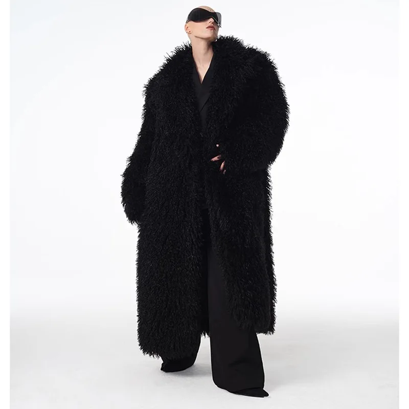 Men Lamb Faux Fur Coat Long Jacket Winter Warm Thick Overcoat Turn Down Collar Fluffy Shaggy Loose Outerwear Casual High Street