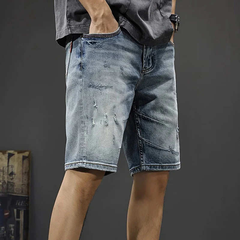 Summer Designer Fashion Men Jeans High Quality Retro Blue Stretch Slim Fit Ripped Denim Shorts Y2K Vintage Casual Shorts Hombre