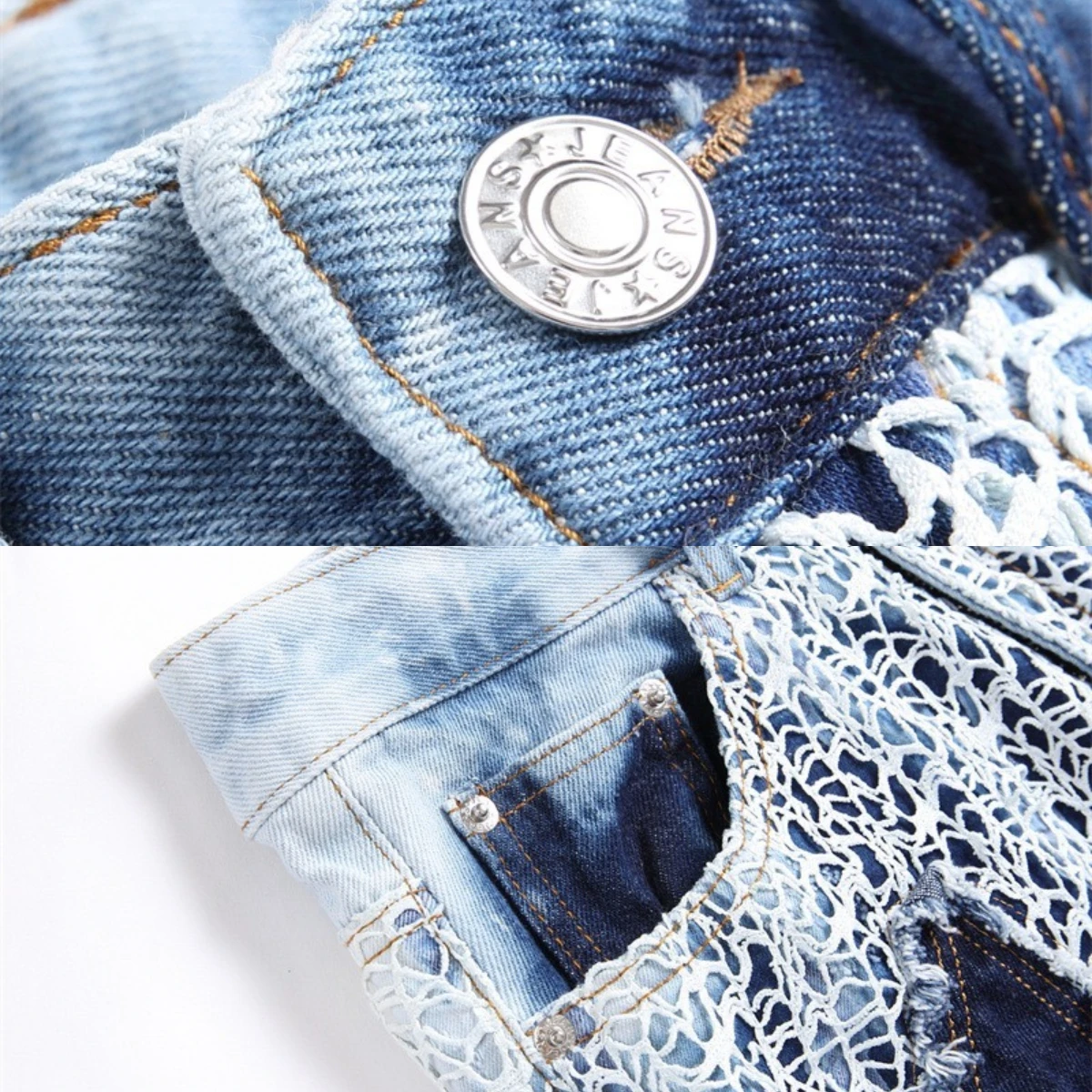 Winter Leopard Tattered Jeans Men's Snake Skin Embroidery Worn High Elastic 3D Inner Stars Zipper Bleached Slim Fit Pants Pocket