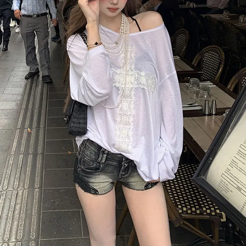 

Hotsweet Sexy Off Shoulder Sheer Loose T-shirts Women's Skew Collar Spring Summer Fashion Lace Patchwork Long Sleeve Pullovers