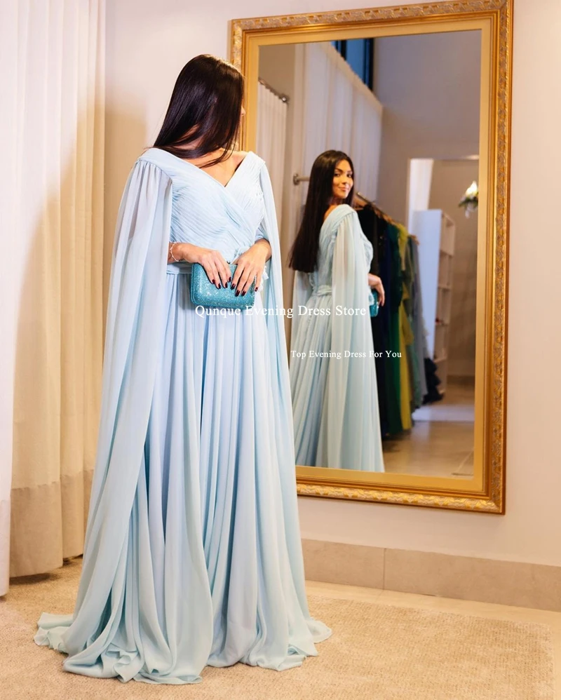 Qunque Sky Blue Long Evening Dresses Pleat Chiffon Formal Customized Party Gowns With Fairy Flowers Cape Sleeves فساتين سهرة