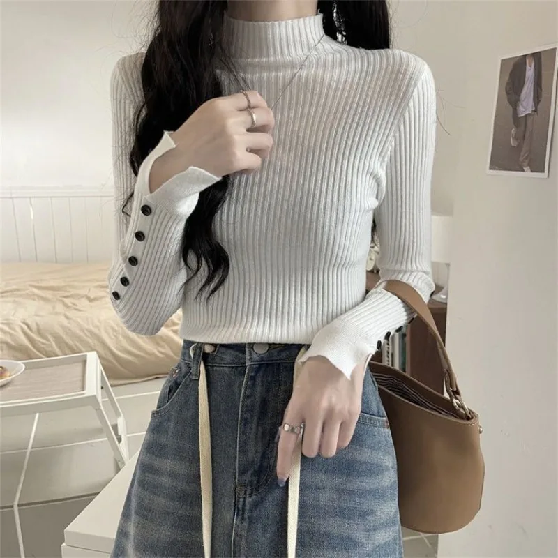 

Autumn Winter Sweater Casual Chic Blue Pullovers for Women Clothes Elegant Vintage Fashion Button High Street Jumpers Ladies Top