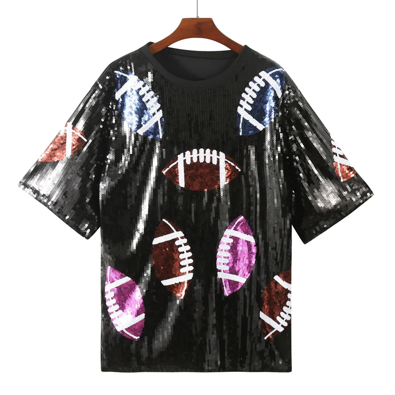 

Summer New Loose Patchwork Color Geometric Sequins Streetwear Short Sleeve Straight Round Neck Hip Hop Night Club Women T-Shirt