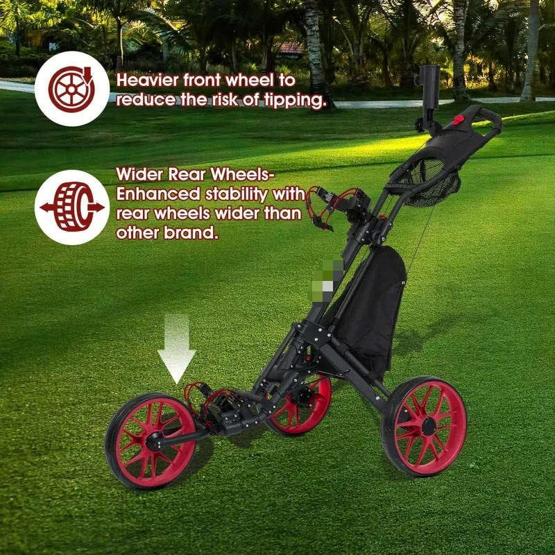 AQDRUIDS 3 Wheels Push Cart,Extra Wide Rear Wheel,No Tipping,Lightweight Easy to Fold Golf Pull Trolley,Adjustable Height H