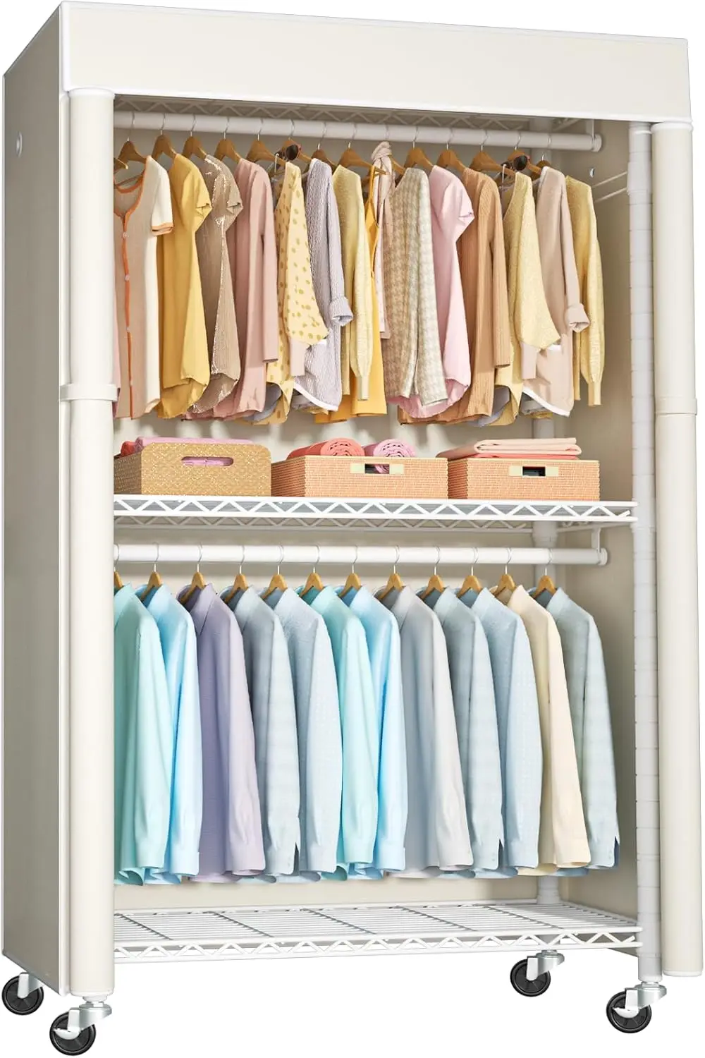 

White Clothing Rack with Beige Cover, P1C Rolling Closets with Wheels, Metal Garment Rack for Hanging Clothes
