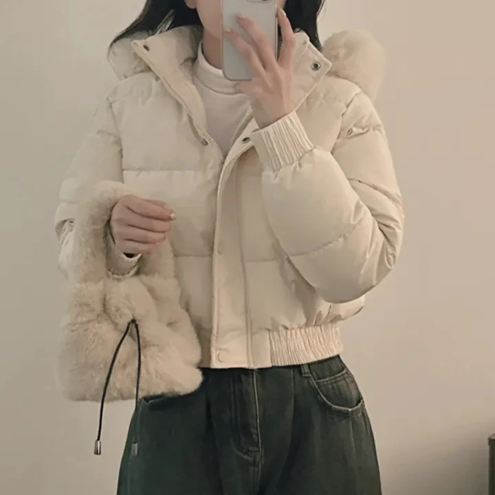 New Winter Warm Hooded Down Cotton Jacket Women Thickened Fleece Lining Big Fur Collar Long Sleeve Short Parkas Jacket Coat