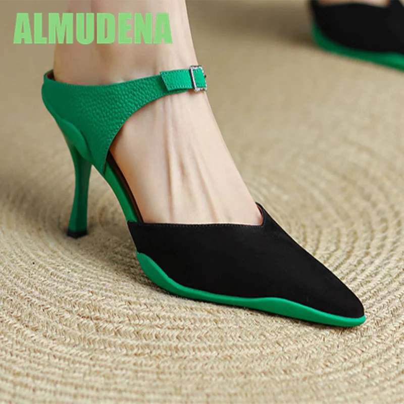 

Baotou Half Slippers for Women In Summer Wearing Thin Heel Sandals for Women Fashion Green Pointed High Heels Cool Dragging