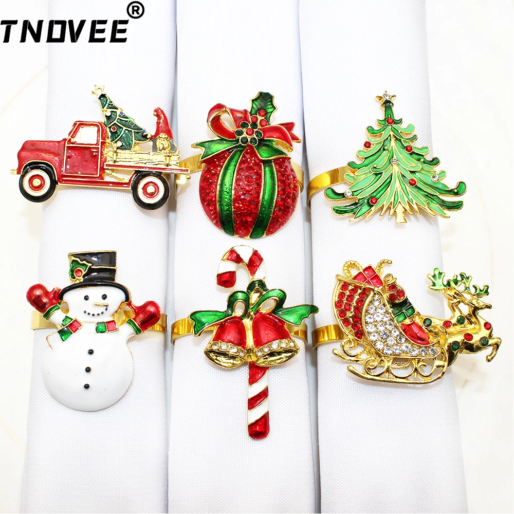 6Pcs Christmas Car Napkin Rings Xmas Tree Candy Cane Strawberry Snowman Sleigh Napkin Holder for Wedding Xmas Party Table Decor