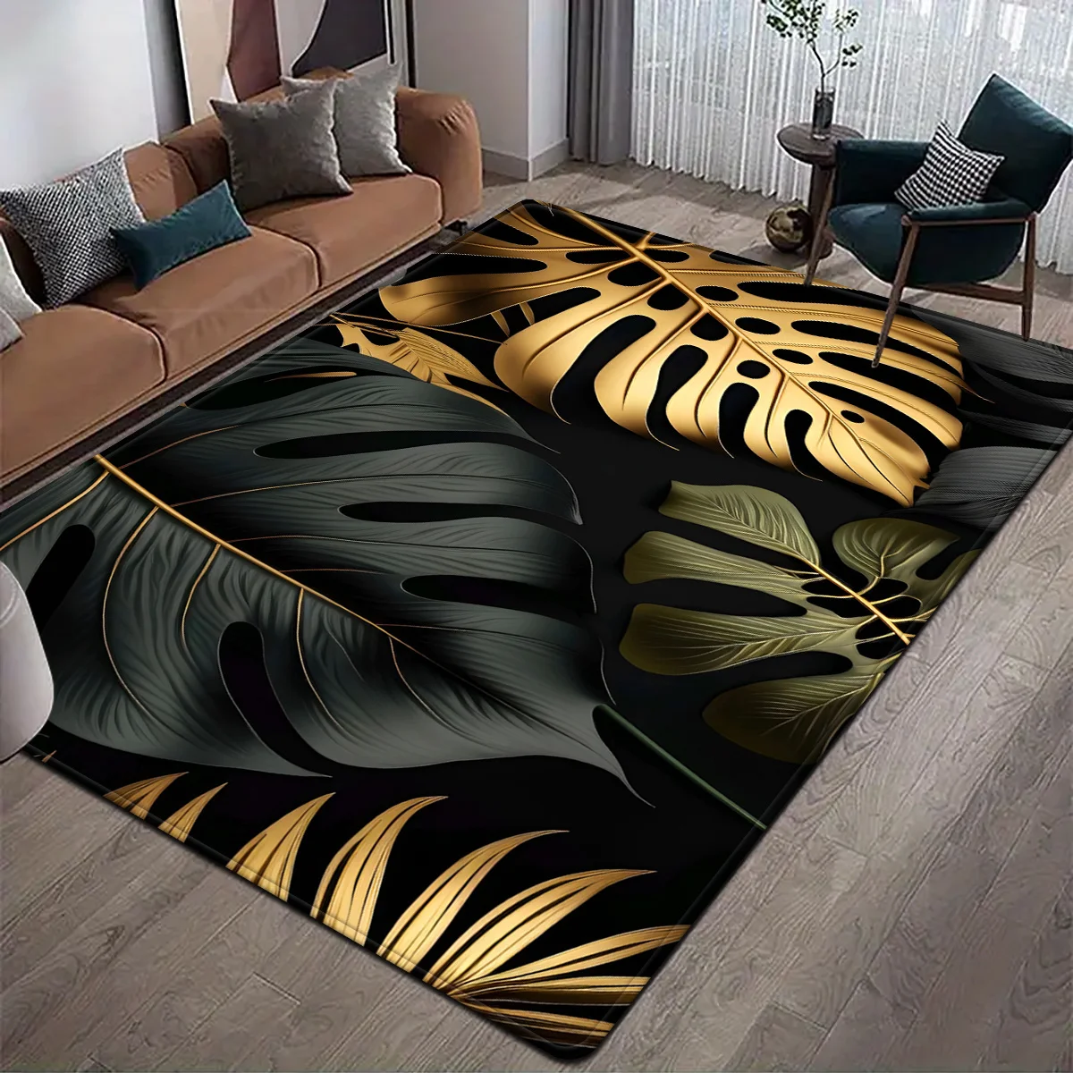 2D‑Printed Black‑Background Maple Leaf Square Rug, Decor for Living Room, Bedroom, Gatherings, Indoor‑Outdoor Parties
