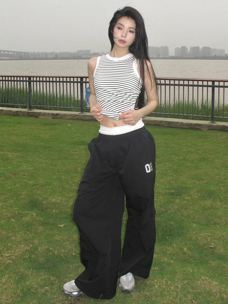 

Street Sle Women's Cargo Pants Double Waist Head Loose Wide Leg Pants Long Trousers Autumn Season Color Colion Paratrooper