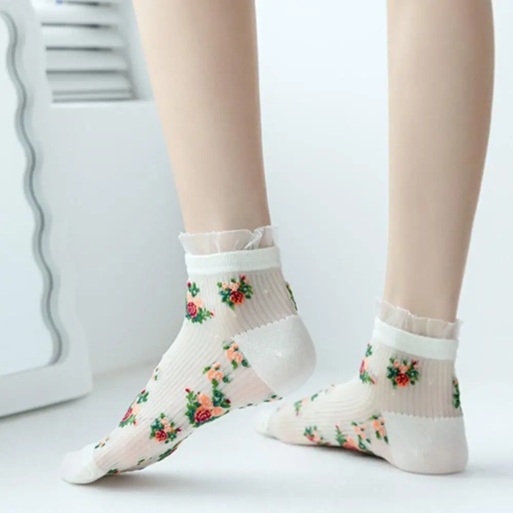 Floral Element Crystal Silk Socks Anti-Friction Foot Ultra-thin Floral Embroidery Socks Mid-tube Sweat Absorbing