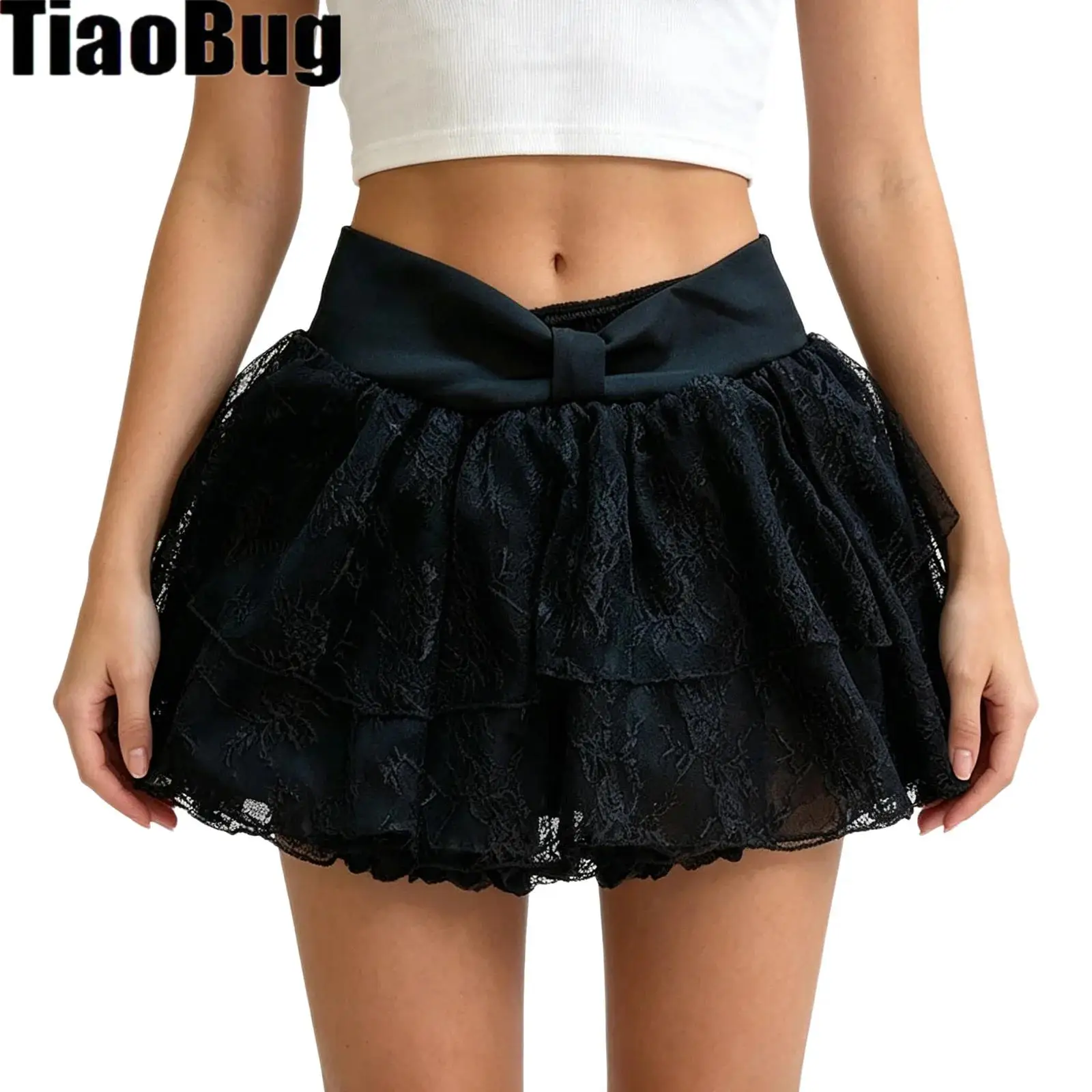 Women Tiered Ruffled Short Skirt Lace Built-in Bloomers Elastic High Waist Cute Bow Waist Skort for Daily Wear Vacation