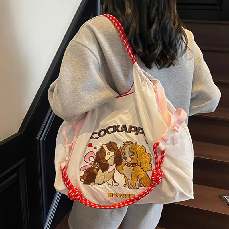 

Модная нейлоновая сумка большой вместимости с вышивкой в виде мультяшной собаки, легкая ручная сумка-тоут, женская модная холщовая сумка